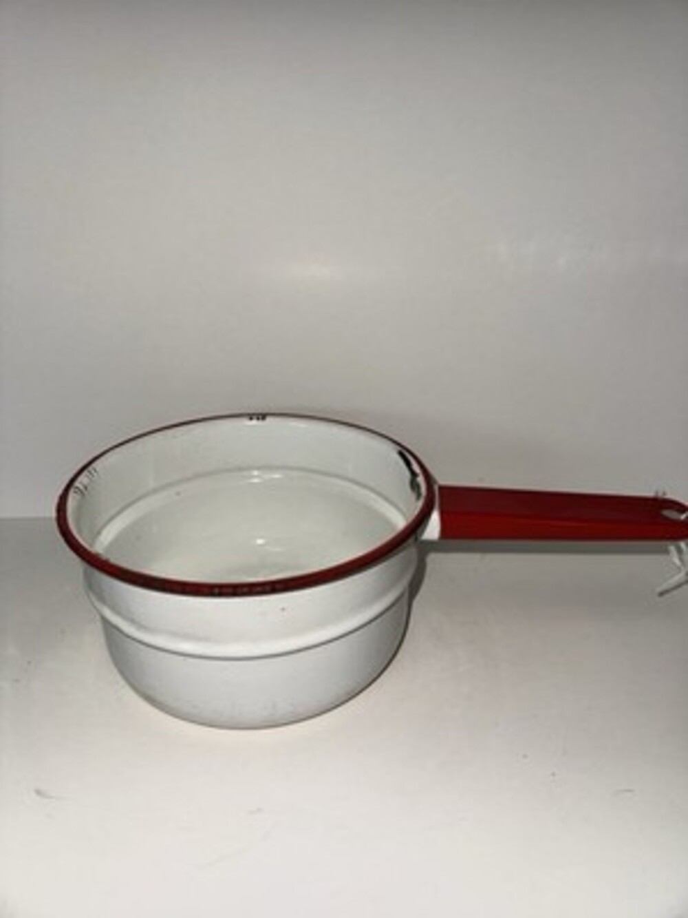 Vintage White Red Rim Enamelware Saucepan Camp Pot Rustic Kitchen Decor